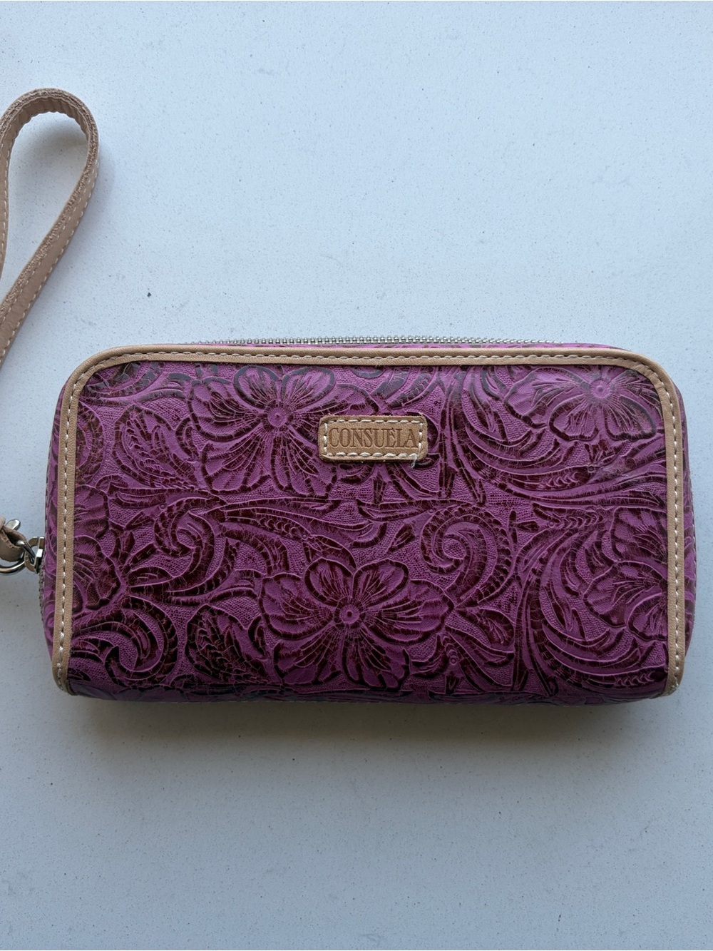 Consuela Plum Floral Embossed Wristlet Wallet with Tan Trim